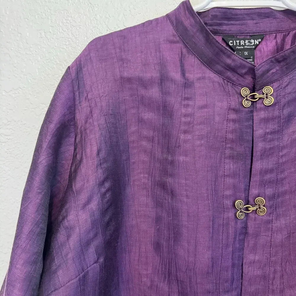 Citron Purple Linen Textured Mandarin Collar Frog Closure Jacket Top Lagenlook